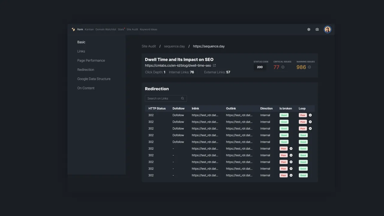 Picture 2 - Site Audit Links with Sequence Stats.